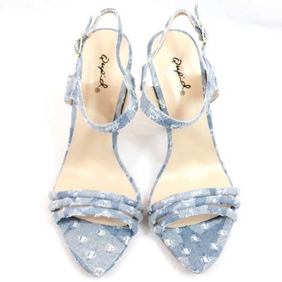 QUPID Distress Denim Ankle Strap Open Toe Heels - Picture 1 of 8